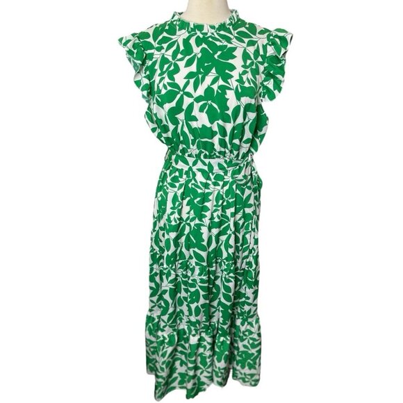 SHEIN Kelly Green & White Ruffle Sleeve Tiered Maxi Dress with Tie Belt - Picture 1 of 8
